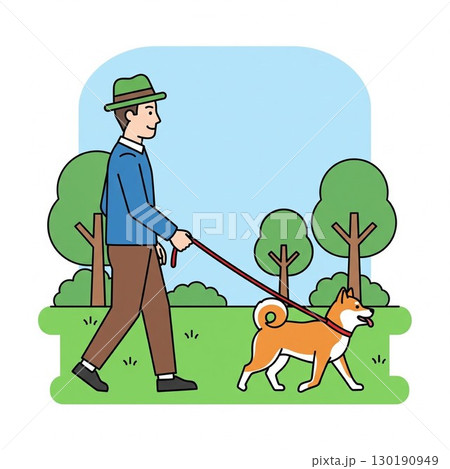 公園で犬の散歩をする男性 130190949