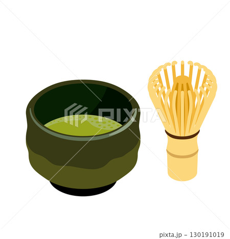 抹茶茶碗と茶筅のセット - フラットイラスト 130191019