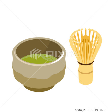 明るめの抹茶茶碗と茶筅のセット - フラットイラスト 130191020