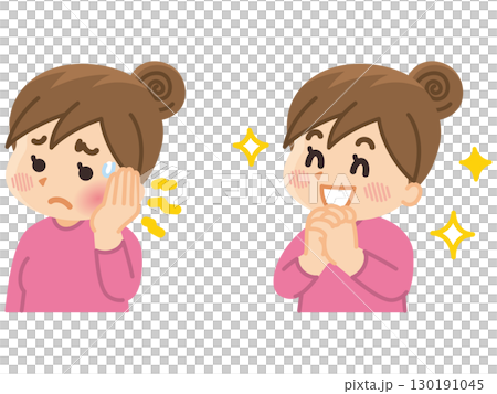 一位患有牙痛的年輕女子 一位笑容燦爛的年輕女子 130191045