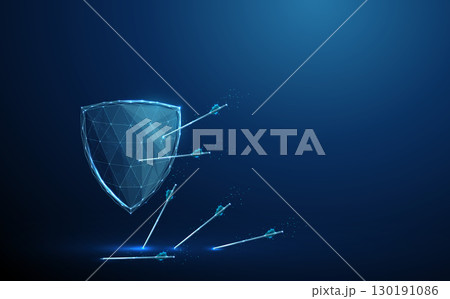 Shield with arrows sticking out and fallen on the ground Defense, protection, resilience, attack and threat management, security, strategy concept. Shield with arrows sticking out and fallen on the ground Defense, protection, resilience, attack and threat management, security, strategy concept. 130191086