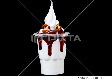 ice cream in cups with fruit syrup isolated ice cream in cups with fruit syrup isolated 130191500