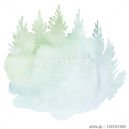 Hand drawn watercolor light green spruce or pine tree misty forest, winter isolated illustration 130191560