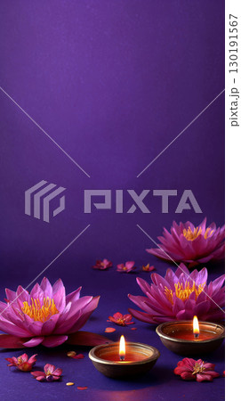 Celebrate Diwali with purple lotus flowers and oil lamps against a festive background 130191567