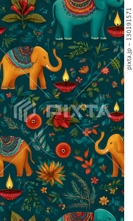 Vibrant tile design featuring colorful elephants and festive motifs for Diwali celebrations 130191571