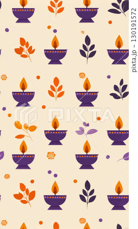 Repeating tile pattern featuring diya lamps, festive elements, and vibrant colors for Diwali celebrations 130191572