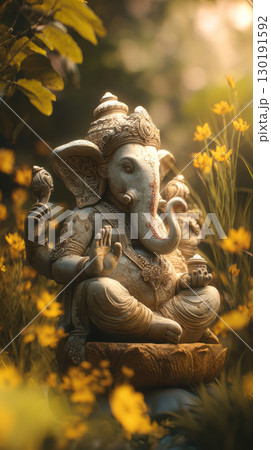 Detailed statue of Lord Ganesha surrounded by flowers in a serene outdoor setting during Diwali festivities 130191592