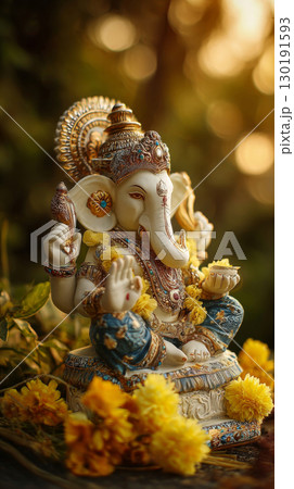 Beautiful detailed sculpture of Lord Ganesha adorned with flowers and lights during festive celebrations 130191593
