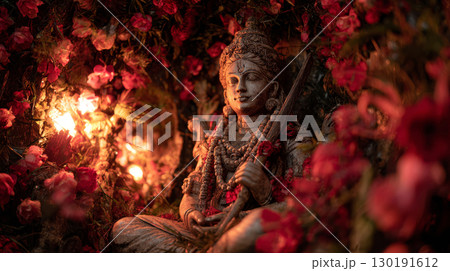 Realistic statue of Goddess Kali surrounded by flowers and lights during Diwali festivities in a temple 130191612