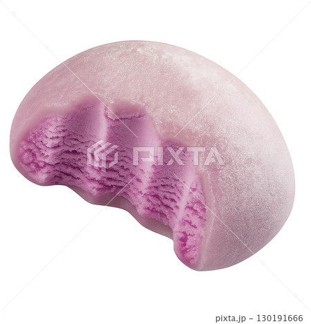 Pink mochi ice cream with purple creamy filling and bite mark isolated on white background Pink mochi ice cream with purple creamy filling and bite mark isolated on white background 130191666