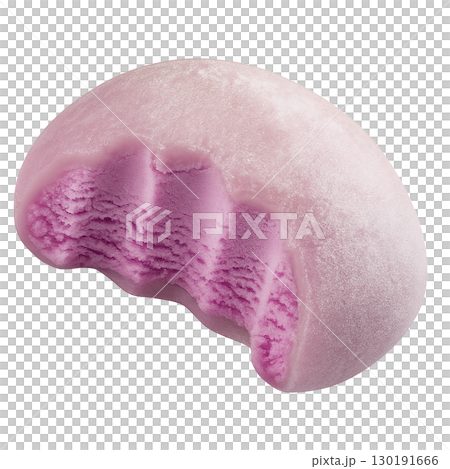 Pink mochi ice cream with purple creamy filling and bite mark isolated on white background Pink mochi ice cream with purple creamy filling and bite mark isolated on white background 130191666