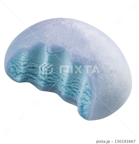 Blue mochi ice cream with light blue creamy filling and bite mark isolated on white background 130191667