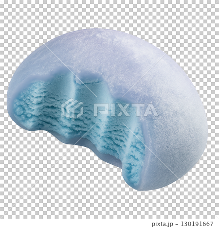 Blue mochi ice cream with light blue creamy filling and bite mark isolated on white background 130191667