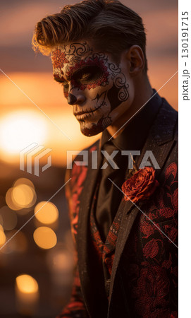 Man dressed for Dia de Muertos celebration in Mexico during sunset with elaborate calavera makeup 130191715