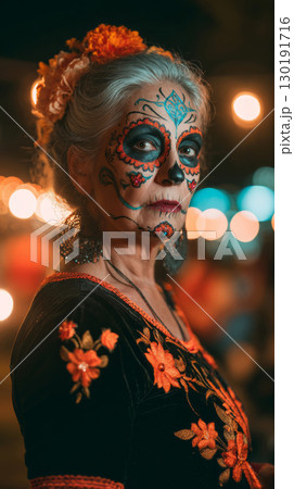 Middle-aged woman in black attire with Dia de Muertos makeup celebrating tradition at a vibrant festival 130191716