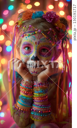 Young child celebrating Day of the Dead with colorful makeup and vibrant decorations 130191717