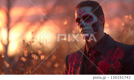 Man adorned in vibrant calavera makeup during Day of the Dead celebration in Mexico at sunset 130191743