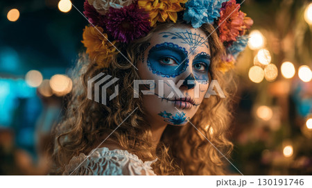 Young woman with Calavera makeup and flower crown celebrates Dia de Muertos in vibrant Mexico setting 130191746