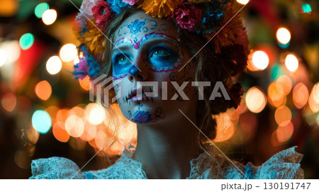 Close-up portrait of young woman celebrating Day of the Dead with vibrant makeup and floral headdress in Mexico 130191747