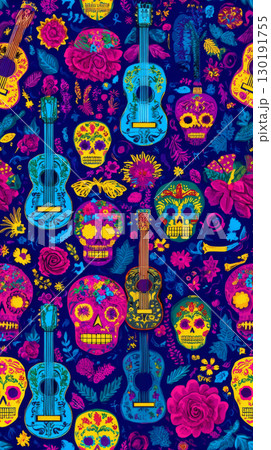 Colorful decorative skulls and guitars creating a vibrant pattern inspired by Day of the Dead celebrations 130191755