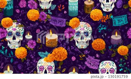 Colorful sugar skulls and marigolds create vibrant pattern for Day of the Dead celebration 130191759