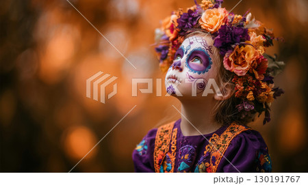 Portrait of a little girl with sugar skull face celebrating Day of the Dead in Mexico 130191767