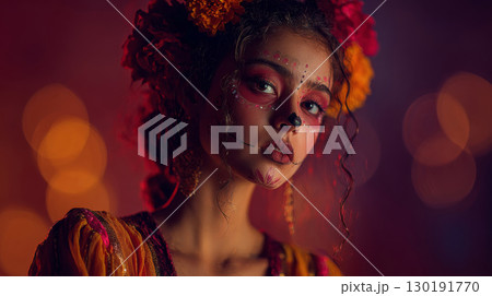 Young woman embodies Day of the Dead spirit with vibrant makeup and traditional attire during festive celebration 130191770