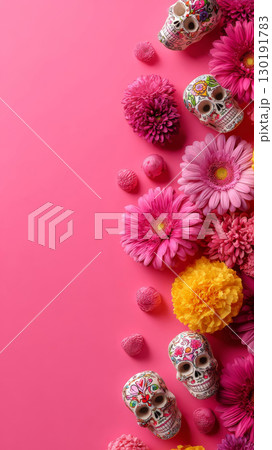 Bright pink surface adorned with colorful Calaveras and vibrant flowers for Dia de Muertos celebration 130191783