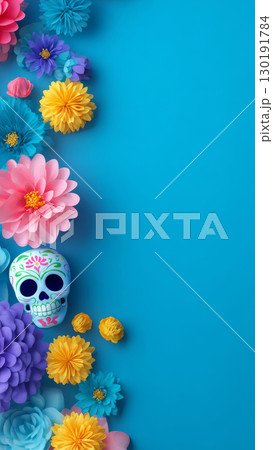 Colorful decoration for Day of the Dead celebration featuring vibrant flowers and a calavera on a blue background 130191784