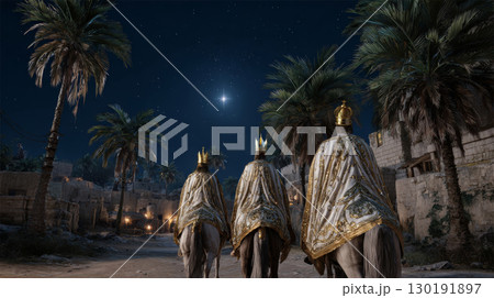 Three majestic kings travel under the night sky towards Bethlehem guided by a shining star 130191897