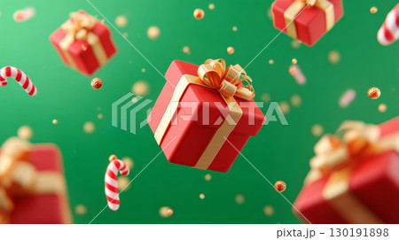 Festive red and golden gift boxes floating against a vibrant green background for a joyful holiday celebration 130191898