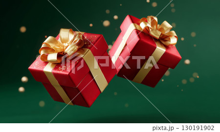 Shiny red Christmas gifts adorned with golden bows and shimmering decorations for festive celebrations Shiny red Christmas gifts adorned with golden bows and shimmering decorations for festive celebrations 130191902