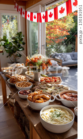 Beautifully arranged Canadian Thanksgiving table with a variety of festive dishes and autumn decorations 130191951
