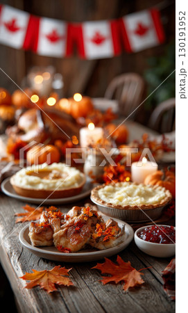 Celebrate Thanksgiving with a beautifully set dinner table featuring roast turkey and autumn decorations 130191952
