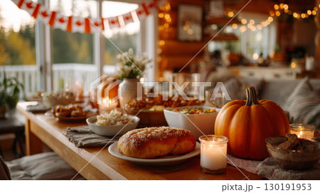 Harvest feast setup for Canadian Thanksgiving with family, autumn colors, and delicious food 130191953