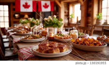 Festive Canadian Thanksgiving gathering featuring a harvest table adorned with seasonal decor and dishes 130191955