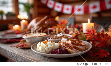 Thanksgiving dinner table featuring a roast turkey and festive autumn decorations for a family gathering 130191956