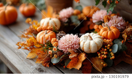 Festive Thanksgiving wreath adorned with autumn leaves and pumpkins on a rustic wooden table 130191979