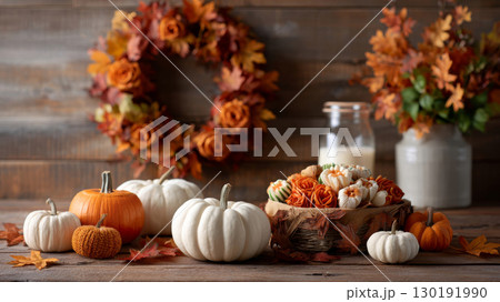 Warm Thanksgiving entryway decorated with pumpkins, harvest wreath, and autumn leaves for family gatherings 130191990