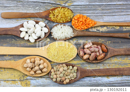 Different type of raw dry legumes composition. lentils, red lentils, chickpeas and kidney beans. Mix organic legume concept. Different type of raw dry legumes composition. lentils, red lentils, chickpeas and kidney beans. Mix organic legume concept. 130192011