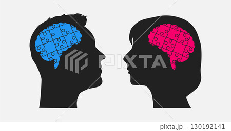 Head woman and man made puzzle pieces, brain, idea 130192141