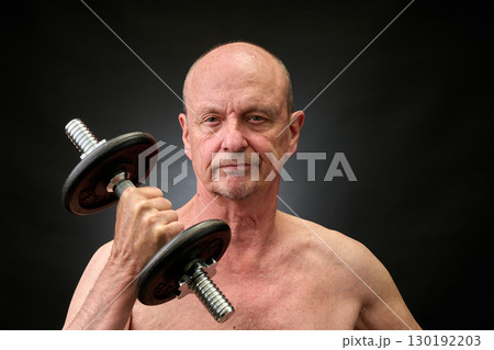 Old man bare-chested practice some exercice with dumbbell Old man bare-chested practice some exercice with dumbbell 130192203