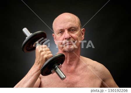 Old man bare-chested practice some exercice with dumbbell Old man bare-chested practice some exercice with dumbbell 130192206