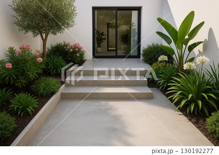 Modern Garden Entrance with Concrete Steps and Lush Greenery 130192277