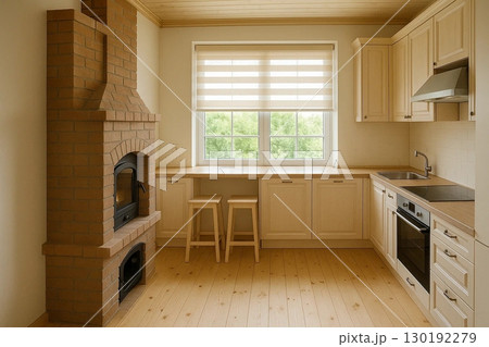 Cozy Kitchen Interior with Fireplace, Cabinets and Window 130192279