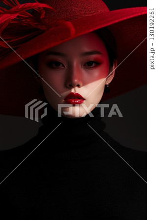 Woman in Red Hat and Turtleneck 130192281