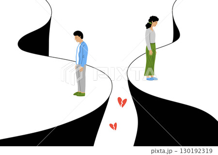 Man and woman standing on opposite sides of a cliff, separated by a gap and broken hearts. 130192319