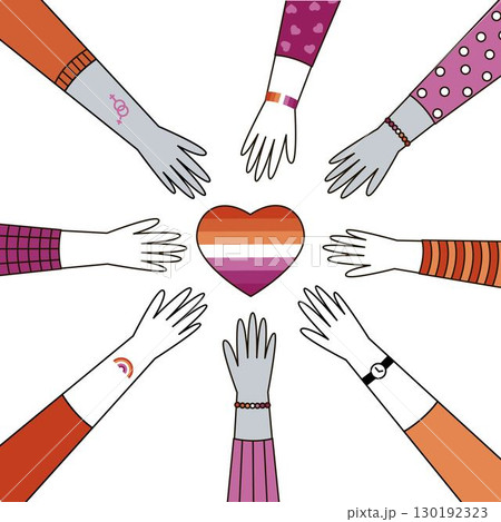 Vector illustration of diverse hands reaching towards a heart with the lesbian pride flag colors. 130192323