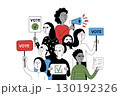 Minimalist vector illustration of diverse group of people holding signs, ballots and megaphone. 130192326