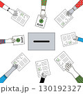 Minimalist vector illustration of hands holding ballots with ballot box on white background. 130192327
